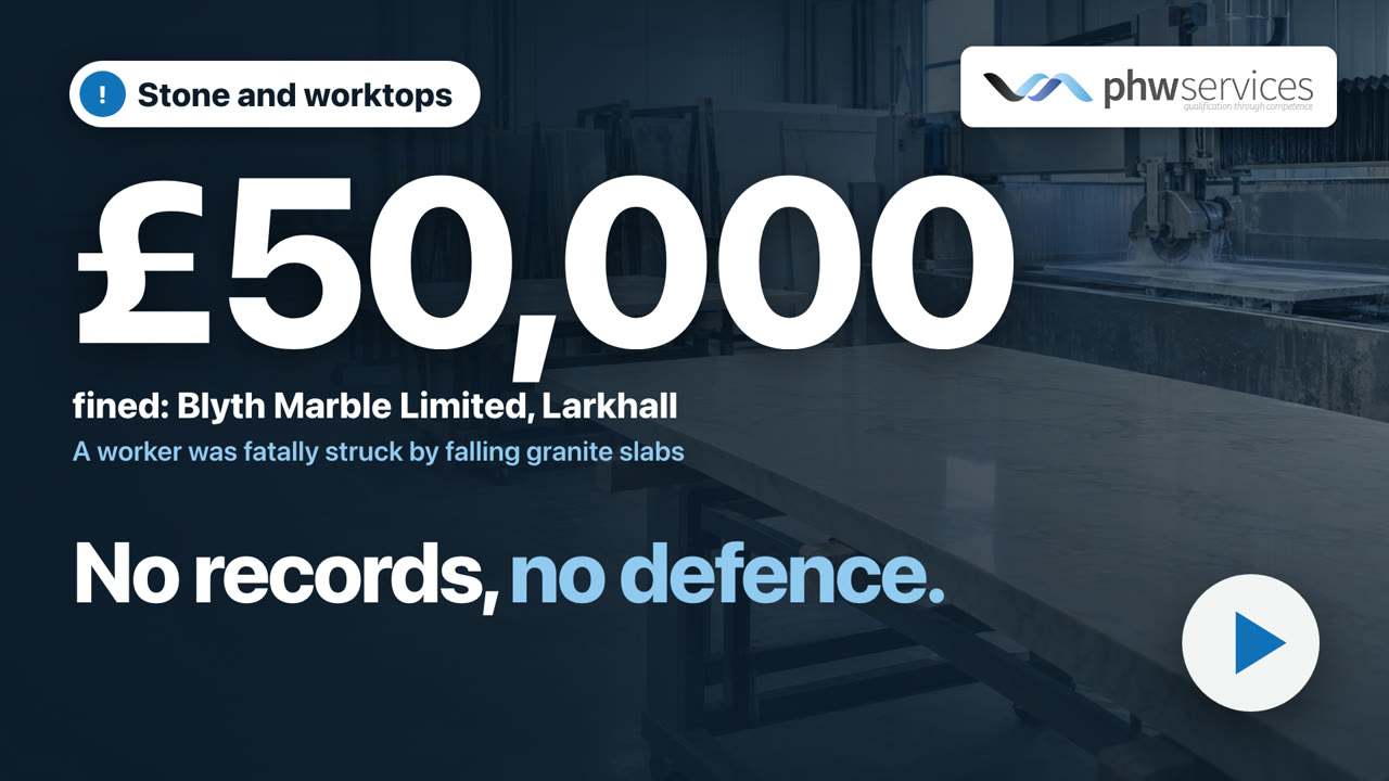 Stone and worktops film poster: a real fine from this trade and the line No records, no defence.